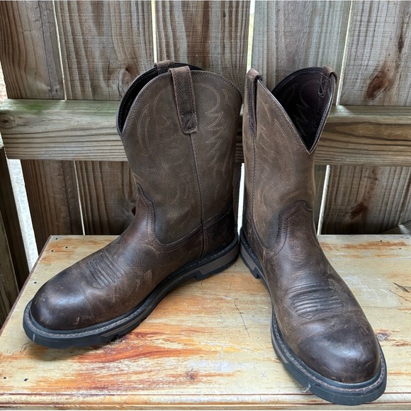Ariat Brown Leather & Suede Groundbreaker Soft Round Toe Work Boots Size 11EE - Picture 1 of 15